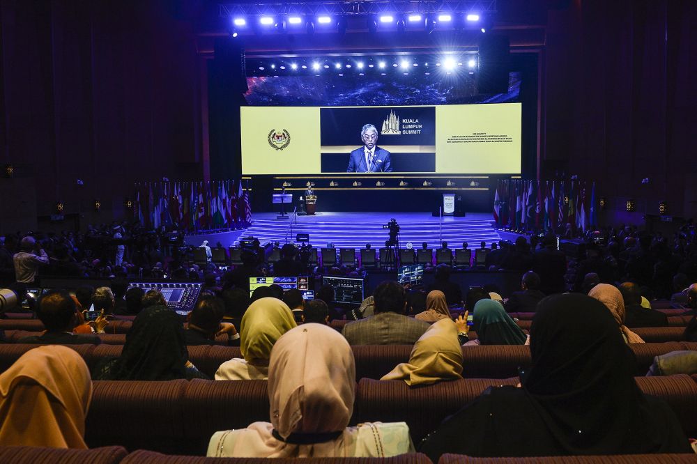 Yang di-Pertuan Agong Al-Sultan Abdullah Riu00e2u20acu2122ayatuddin Al-Mustafa Billah Shah delivers his speech during the launch of the Kuala Lumpur Summit 2019 at the Kuala Lumpur Convention Centre December 19, 2019. u00e2u20acu201d Picture by Miera Zulyana