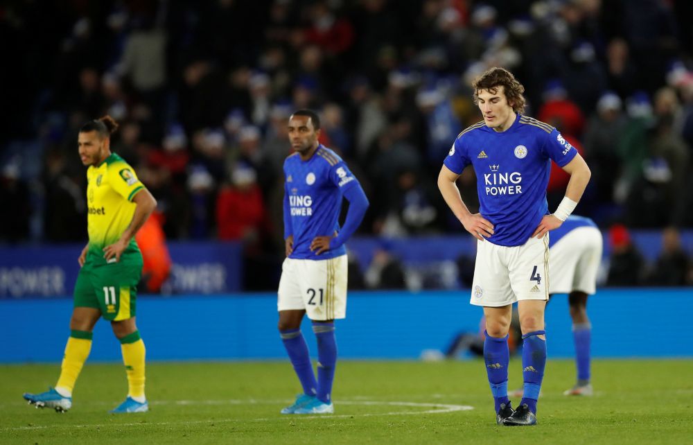 Leicester City's Caglar Soyuncu and Ricardo Pereira look dejected after the match against Norwich at the King Power Stadium in Leicester December 14, 2019. u00e2u20acu201d Reuters pic