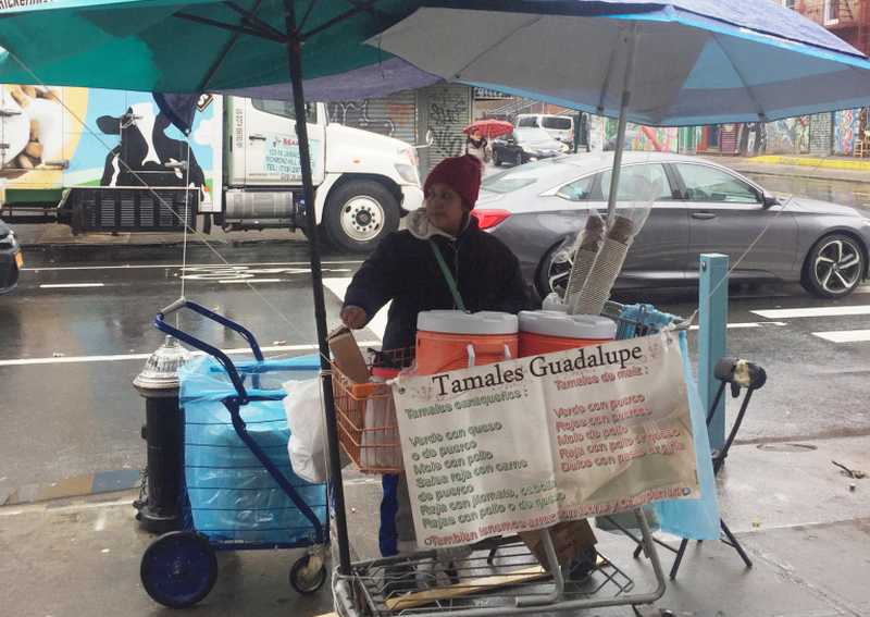 Guadalupe Galicia, 40, from Mexico, sells her tamales and arroz con leche on the corner of Knickerbocker Ave and DeKalb Ave in the Brooklyn borough of New York City. u00e2u20acu2022 AFP pic