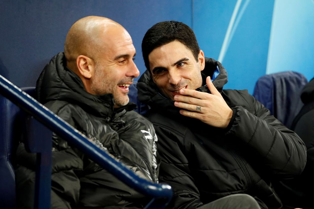 Manchester City manager Pep Guardiola and assistant coach Mikel Arteta are pictured before the match against Shakhtar Donetsk at the Etihad Stadium November 26, 2019. u00e2u20acu2022 Reuters pic nn