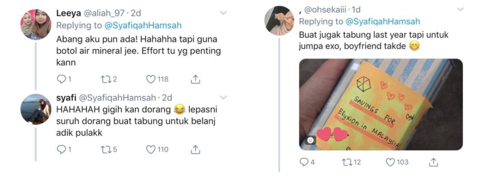 Syafiqah and other users joke about what else they could use piggy banks for. ― Screengrab via Twitter/@SyafiqahHamsah