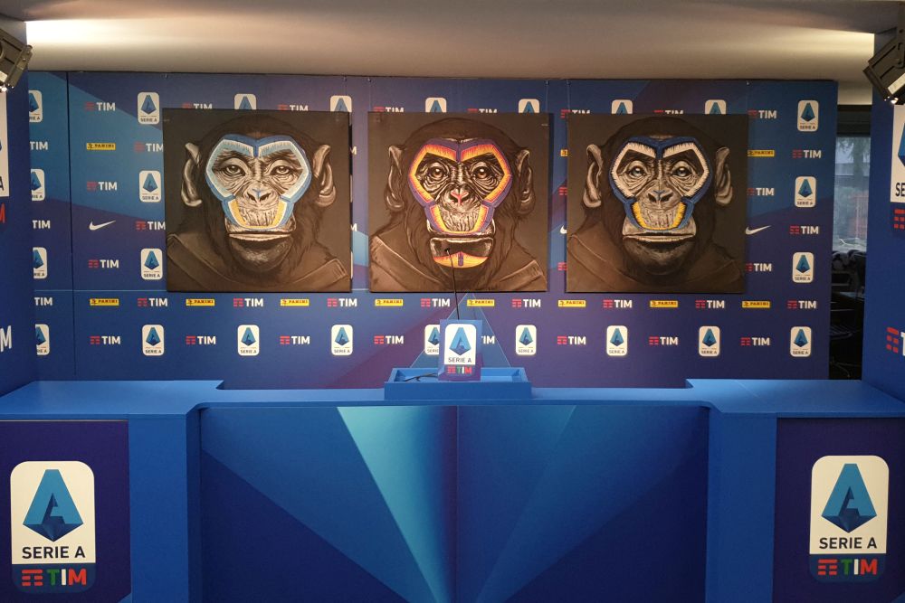 An anti-racism campaign featuring three side-by-side paintings of apes is presented by Italian football league Serie A during a news conference in Milan December 16, 2019. u00e2u20acu201d Reuters pic