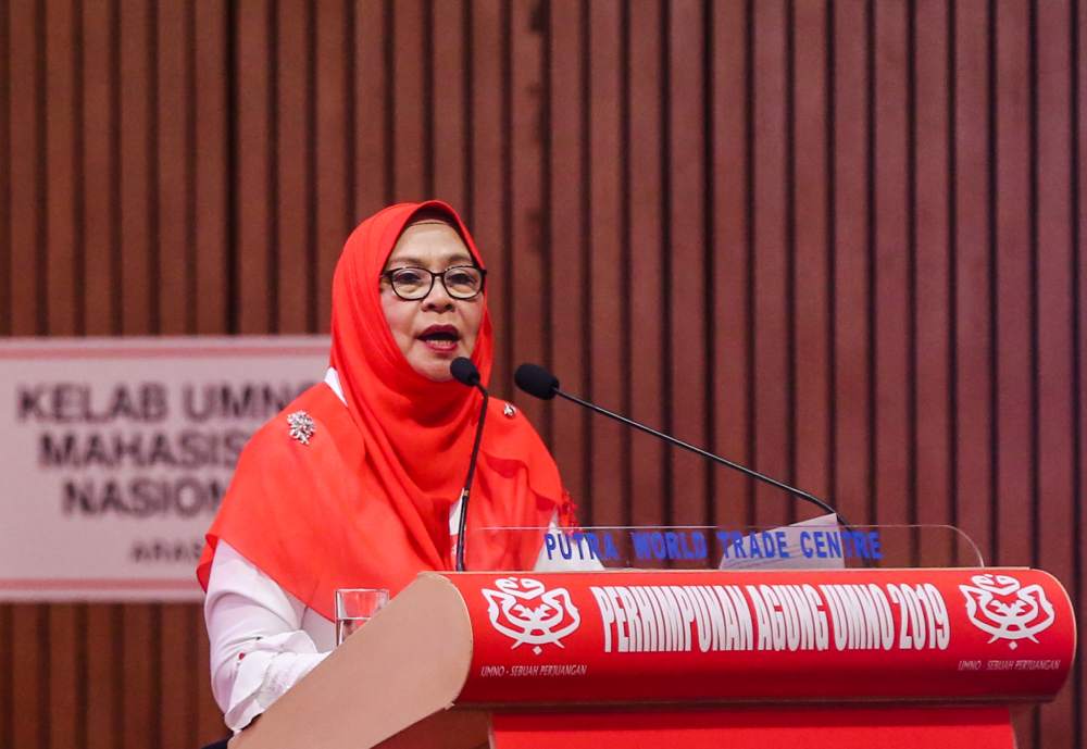 Wanita Umno representative Rahimah Mahamad speaks at the 2019 Umno General Assembly in Kuala Lumpur December 7, 2019. u00e2u20acu2022 Picture by Firdaus Latif