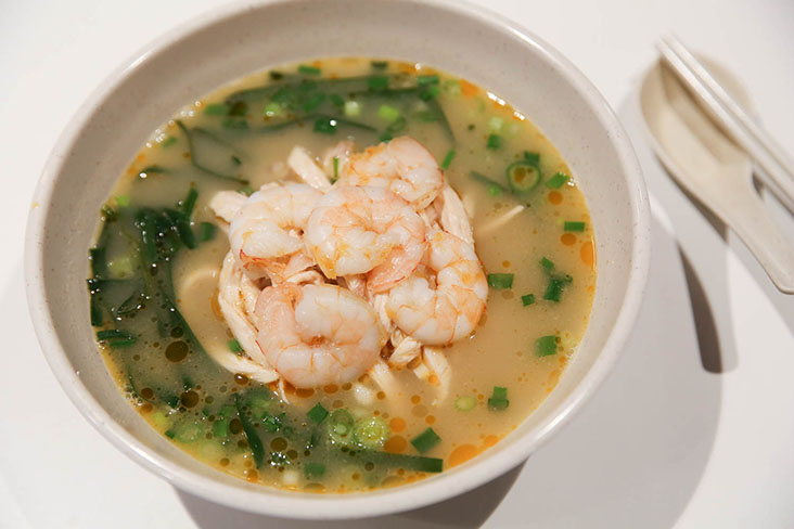 For a comforting meal, try the chicken and prawn 'hor fun' soup topped with poached sea prawns.