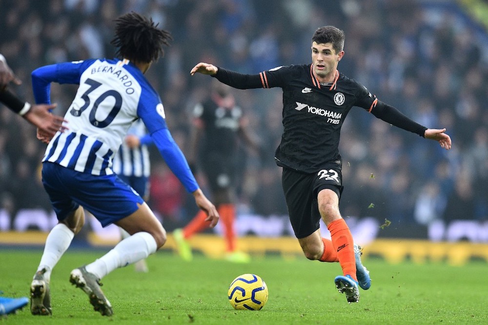 Brightonu00e2u20acu2122s Bernardo watches Chelseau00e2u20acu2122s Christian Pulisic during their Premier League match at the American Express Community Stadium in Brighton January 1, 2020. u00e2u20acu201d AFP pic