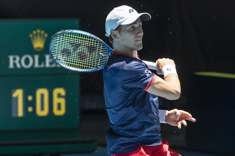 Casper Ruud of Norway hits a return against Fabio Fognini of Italy during their fifth session menu00e2u20acu2122s singles match on day three of the ATP Cup in Perth January 5, 2020. u00e2u20acu201d AFP pic