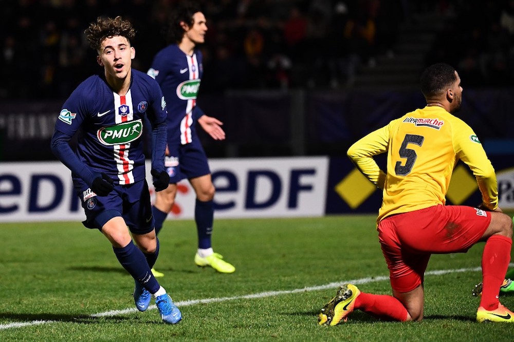 Paris Saint-Germainu00e2u20acu2122s Adil Aouchiche celebrates after scoring a goal during the French Cup match with Linas-Montlhery at the Stade Bobin in Bondoufle January 5, 2020. u00e2u20acu201d AFP pic