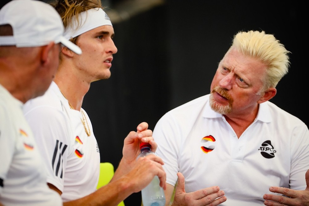 Alexander Zverev of Germany speaks with team captain Boris Becker during the menu00e2u20acu2122s singles match on day five against Denis Shapovalov of Canada at the ATP Cup in Brisbane January 7, 2020. u00e2u20acu201d AFP pic