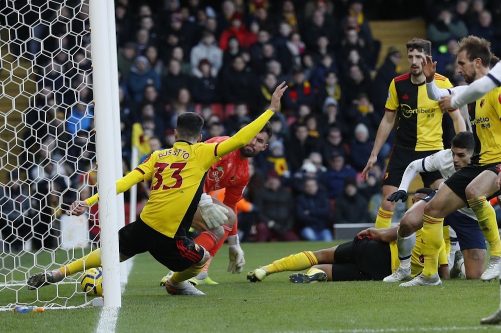 Watford’s Ignacio Pussetto clears the ball off the line during the Premier League match with Tottenham Hotspur at Vicarage Road Stadium in Watford January 18, 2020. — AFP pic