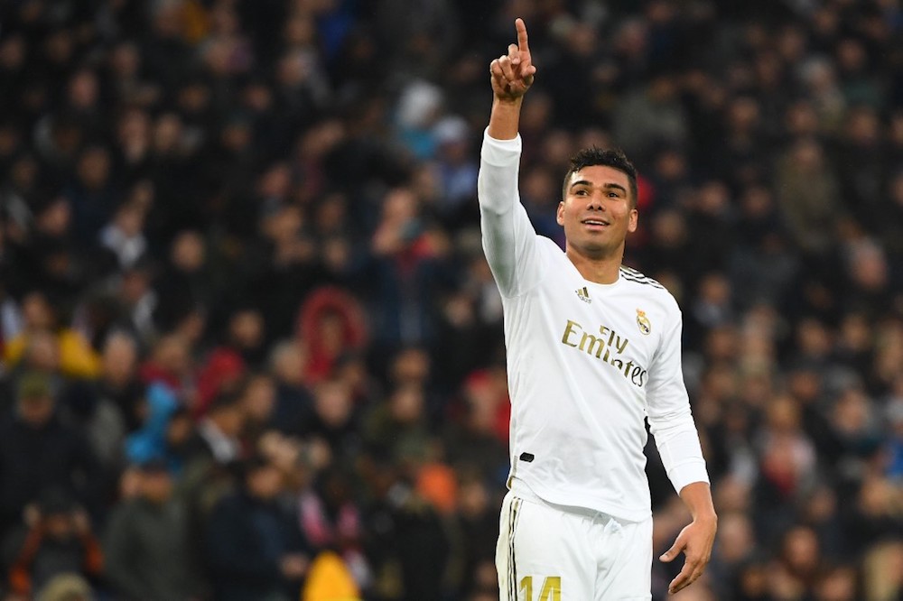 Real Madridu00e2u20acu2122s Casemiro celebrates his second goal during the La Liga match with Sevilla at the Santiago Bernabeu in Madrid January 18, 2020. u00e2u20acu201d AFP pic