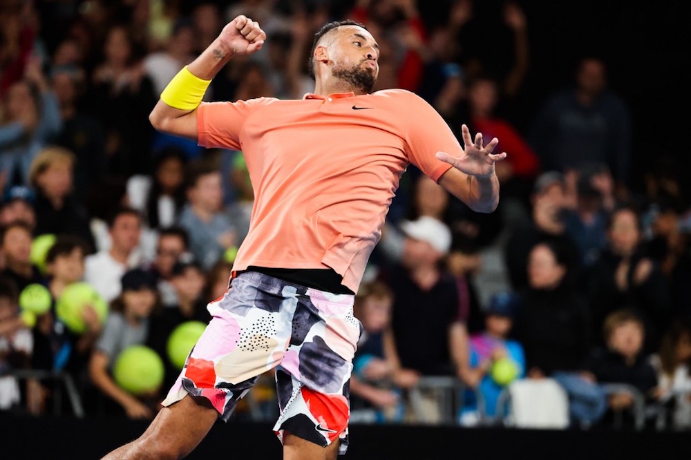 Australiau00e2u20acu2122s Nick Kyrgios celebrates after victory against Franceu00e2u20acu2122s Gilles Simon during their menu00e2u20acu2122s singles match on day four of the Australian Open in Melbourne January 23, 2020. u00e2u20acu201d AFP pic
