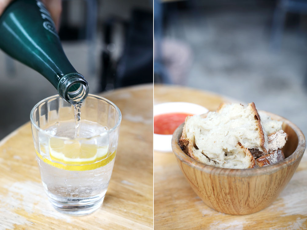 Sparkling water (left) and freshly-baked bread (right) for all the delicious spreads.