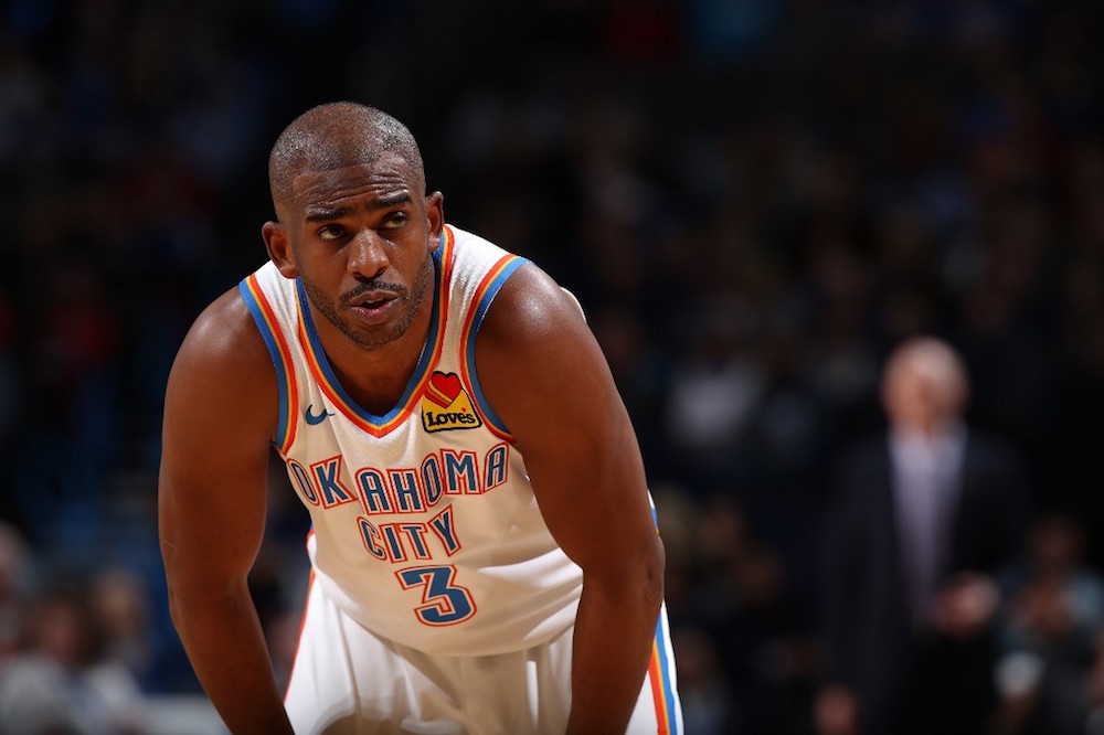 Chris Paul of the Oklahoma City Thunder looks on during the game against the Dallas Mavericks at Chesapeake Energy Arena in Oklahoma City December 31, 2019. u00e2u20acu201d AFP pic