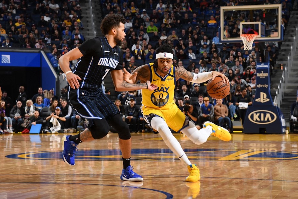 Du00e2u20acu2122Angelo Russell of the Golden State Warriors handles the ball against the Orlando Magic at Chase Centre in San Francisco January 18, 2020. u00e2u20acu201d AFP pic