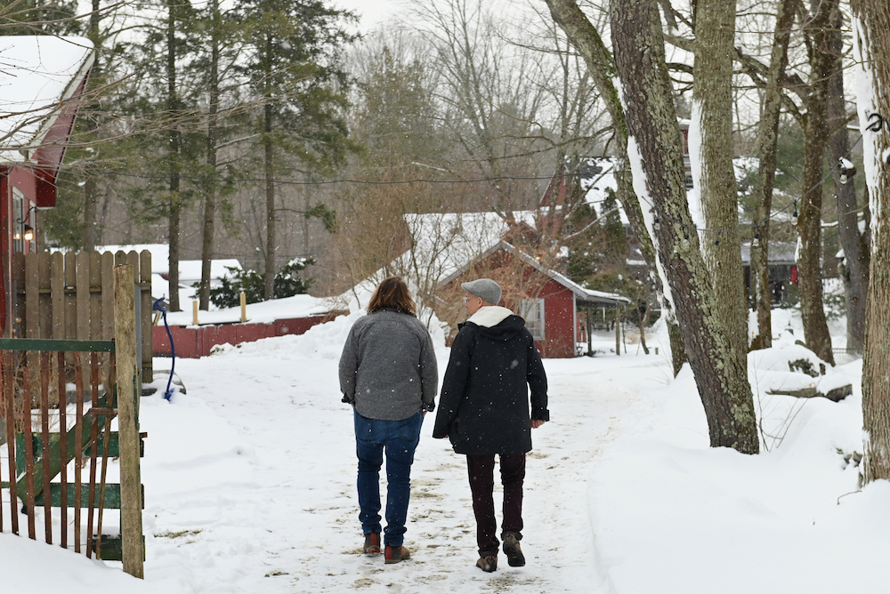 Evryman' Co-Founders Sascha Lewis (right) and Lucas Krump walk outside Race Brook Lodge on December 6, 2019 in Sheffield, Massachusetts. u00e2u20acu201d AFP pic