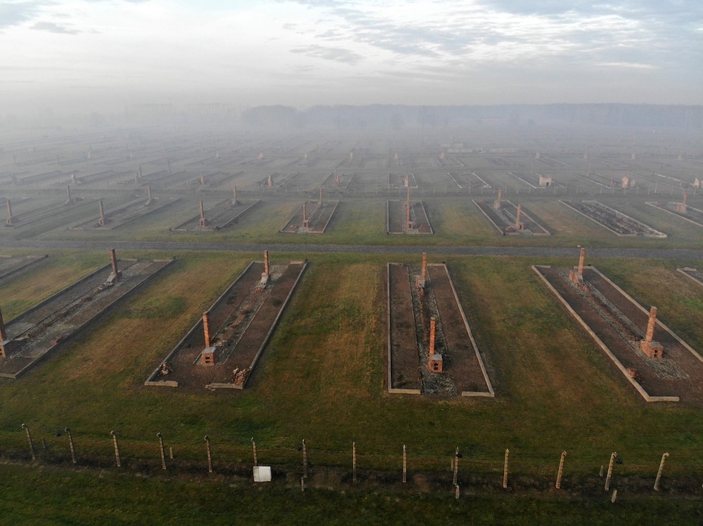 An aerial picture shows the remains of barracks for prisoners at the former German Nazi death camp Auschwitz II-Birkenau in Oswiecim, Poland December 15, 2019. — AFP pic