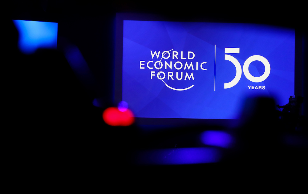 A general view shows a screen with the logo of the World Economic Forum (WEF) at the congress center, venue of the annual meeting, in Davos, Switzerland January 19, 2020. u00e2u20acu201d Reuters pic 