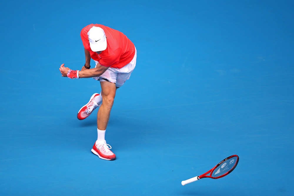 Canadau00e2u20acu2122s Denis Shapovalov throws his racquet during the match against Hungaryu00e2u20acu2122s Marton Fucsovics in Melbourne Park, Melbourne January 20, 2020. u00e2u20acu201d Reuters pic