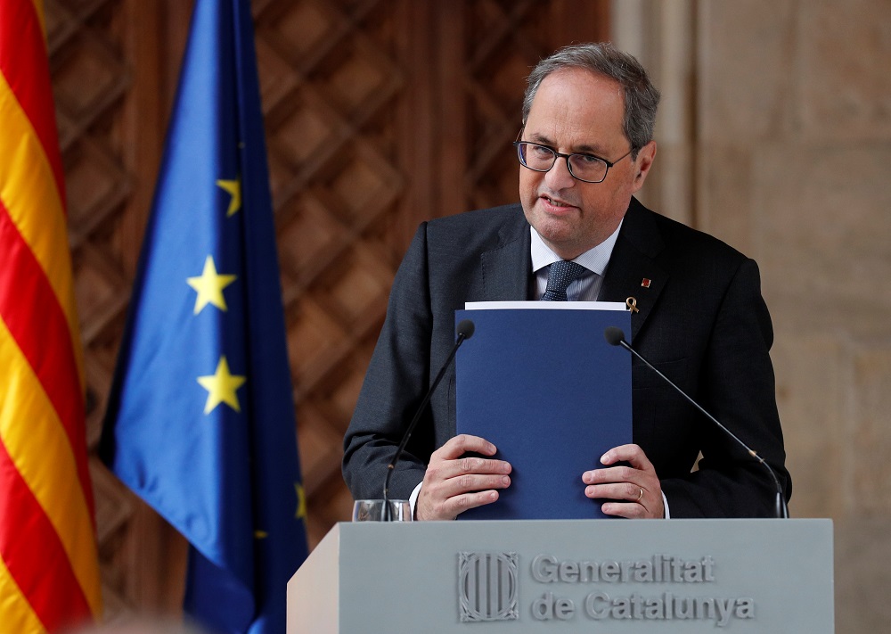 The leader of Catalonia's regional government Quim Torra delivers a statement at Palau de la Generalitat in Barcelona December 19, 2019. u00e2u20acu201d Reuters pic