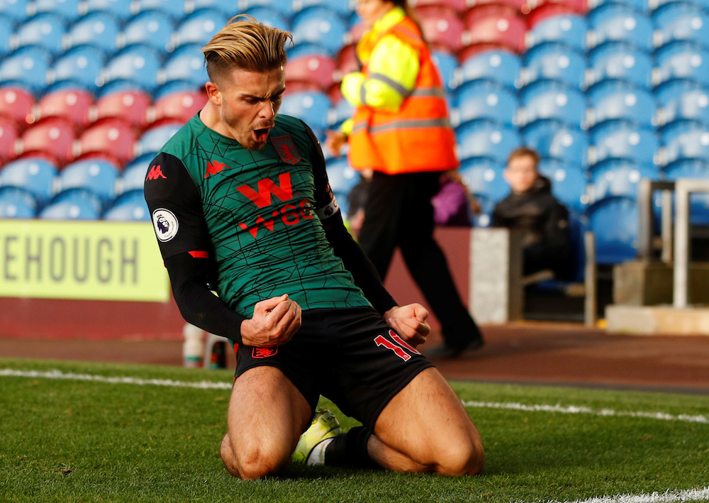 Aston Villa’s Jack Grealish celebrates scoring their second goal during the Premier League match with Burnley at Turf Moor in Burnley January 1, 2020. — Reuters pic