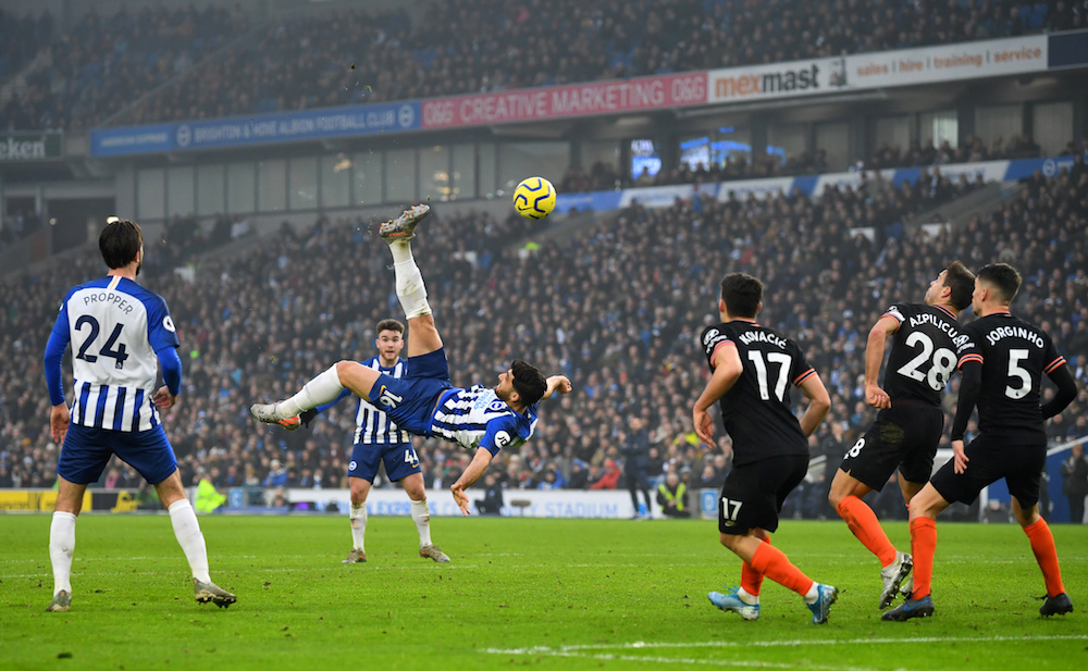Brighton and Hove Albionu00e2u20acu2122s Alireza Jahanbakhsh scores their first goal during the Premier League match with Chelsea at The American Express Community Stadium in Brighton January 1, 2020. u00e2u20acu201d Reuters pic