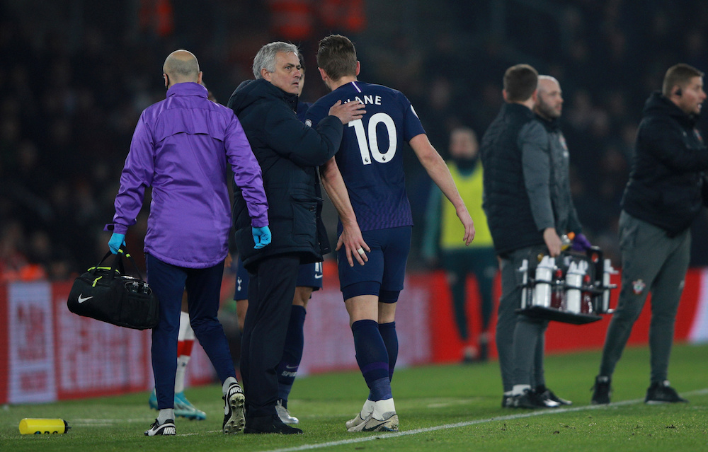 Tottenham Hotspur manager Jose Mourinho with Harry Kane as he goes off injured during the Premier League match with Southampton at St Maryu00e2u20acu2122s Stadium in Southampton January 1, 2020. u00e2u20acu201d Reuters pic