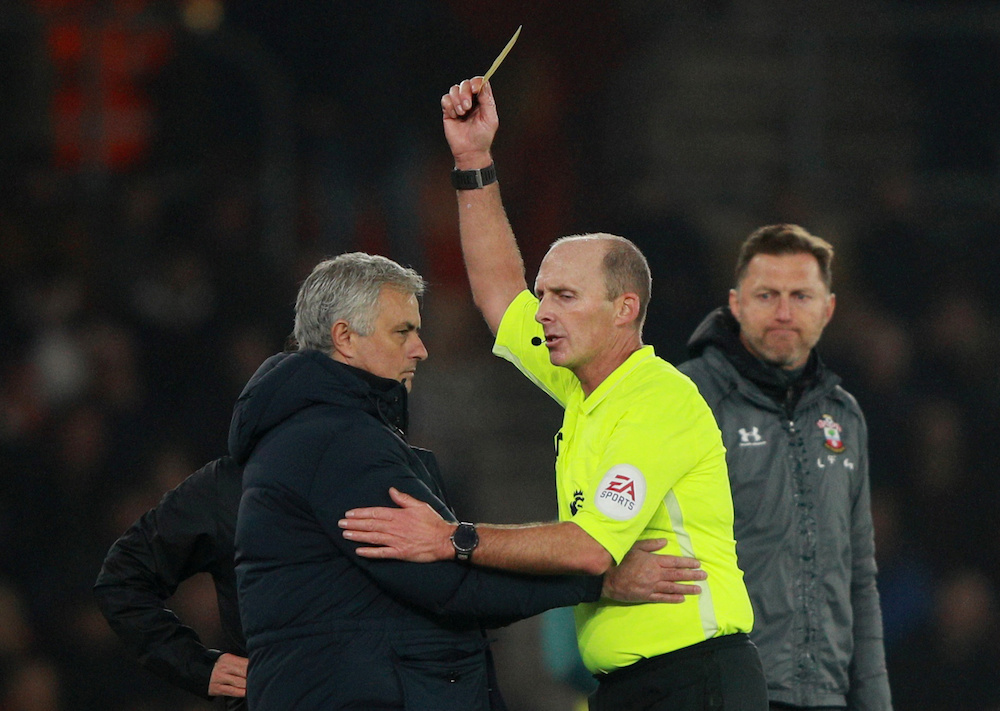 Tottenham Hotspur manager Jose Mourinho is shown a yellow card by referee Mike Dean during the Premier League match with Southampton at St Maryu00e2u20acu2122s Stadium in Southampton January 1, 2020. u00e2u20acu201d Reuters pic
