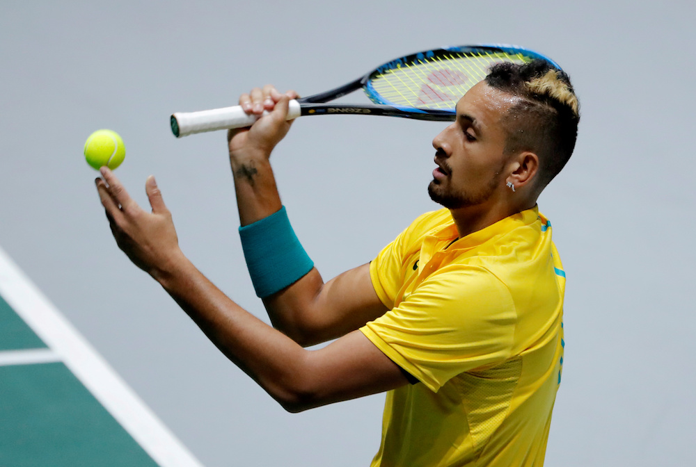 Australiau00e2u20acu2122s Nick Kyrgios in action during his group stage match against Colombiau00e2u20acu2122s Alejandro Gonzalez at the Davis Cup Finals in Madrid November 19, 2019. u00e2u20acu201d Reuters pic