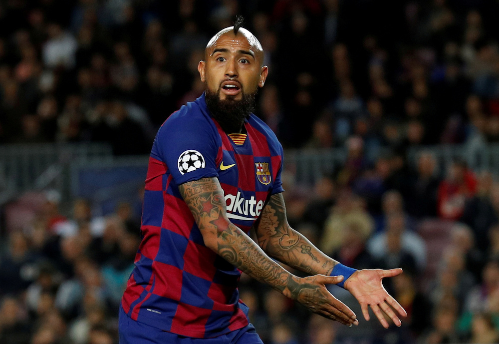 Barcelonau00e2u20acu2122s Arturo Vidal reacts during the Champions League Group F match with SK Slavia Prague at Camp Nou in Barcelona November 5, 2019. u00e2u20acu201d Reuters pic