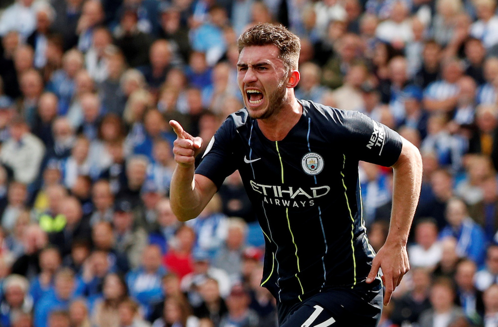 Manchester Cityu00e2u20acu2122s Aymeric Laporte celebrates scoring their second goal during the Premier League match with Brighton and Hove Albion at The American Express Community Stadium in Brighton May 12, 2019. u00e2u20acu201d Action Images pic via Reuters