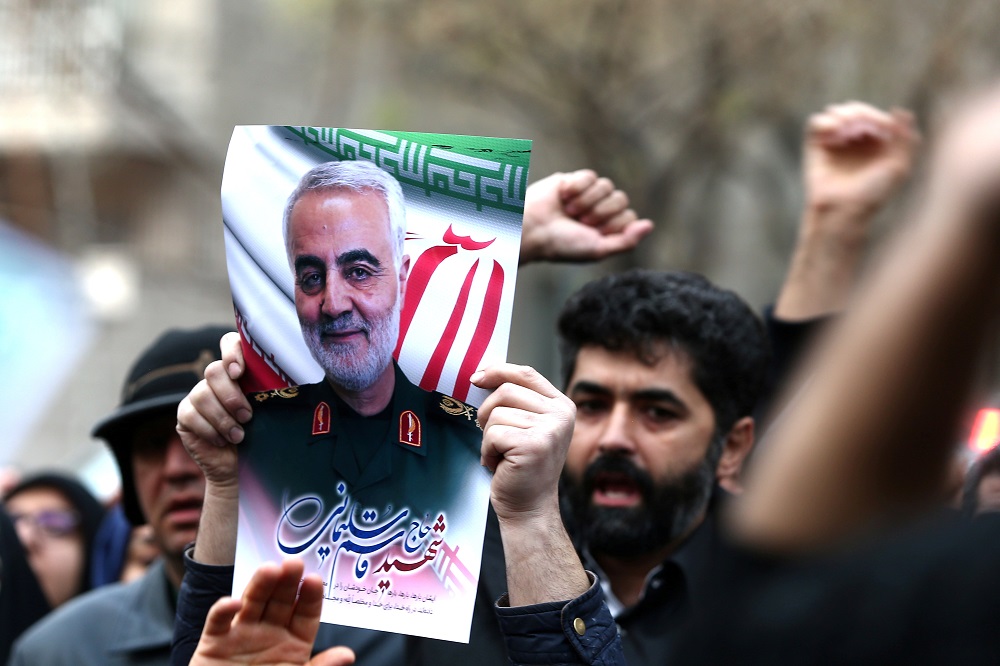 Iranian demonstrators chant slogans during a protest against the killing of the Iranian Major-General Qassem Soleimani, in front of United Nations office in Tehran January 3, 2020. u00e2u20acu201d Picture by WANA (West Asia News Agency)/Nazanin Tabatabaee via Reuters