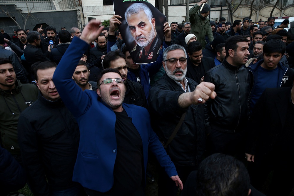 Iranian demonstrators chant slogans during a protest against the killing of the Iranian Major-General Qassem Soleimani, in front of United Nations office in Tehran January 3, 2020. u00e2u20acu201d Picture by WANA (West Asia News Agency)/Nazanin Tabatabaee via Reuters
