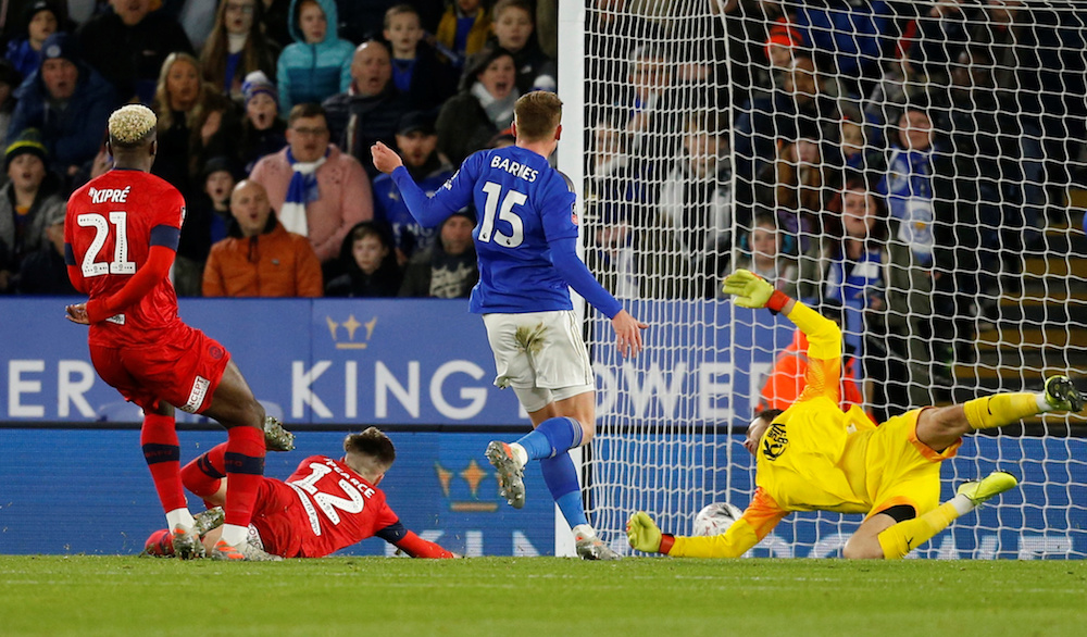 Wigan Athletic’s Tom Pearce scores an own goal and Leicester City’s first during their FA Cup third round match at King Power Stadium in Leicester January 4, 2020. — Action Images pic via Reuters