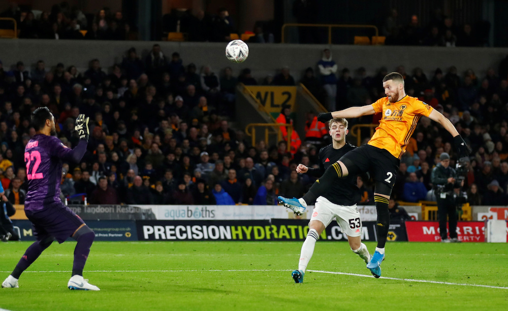 Wolverhampton Wanderers’ Matt Doherty scores a goal that was disallowed during the FA Cup third round match with Manchester United at Molineux Stadium in Wolverhampton January 4, 2020. — Reuters pic