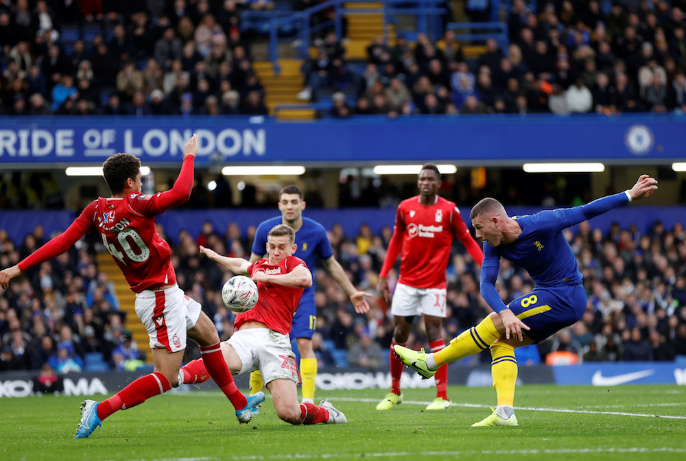 Chelseau00e2u20acu2122s Ross Barkley shoots at goal during the FA Cup third round match with Nottingham Forest at Stamford Bridge in London January 5, 2020. u00e2u20acu201d Action Images pic via Reuters