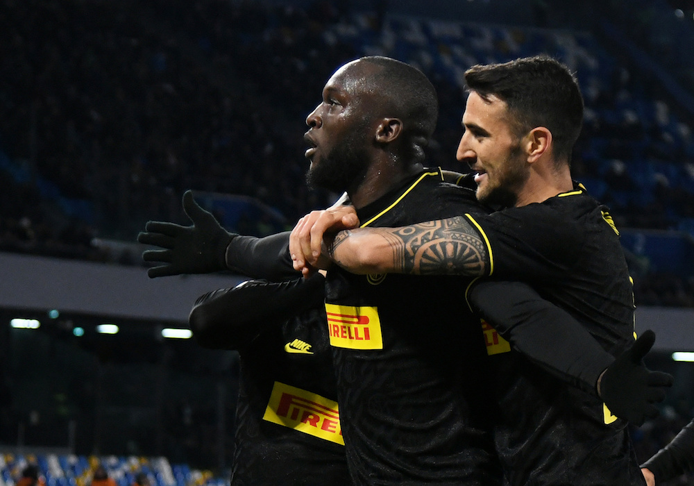 Inter Milanu00e2u20acu2122s Romelu Lukaku celebrates scoring their second goal with teammates during the Serie A match with Napoli at Stadio San Paolo in Naples January 6, 2020. u00e2u20acu201d Reuters pic