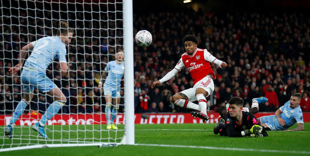 Arsenalu00e2u20acu2122s Reiss Nelson scores their first goal during the FA Cup third round match with Leeds United at Emirates Stadium in London January 6, 2020. u00e2u20acu201d Reuters pic