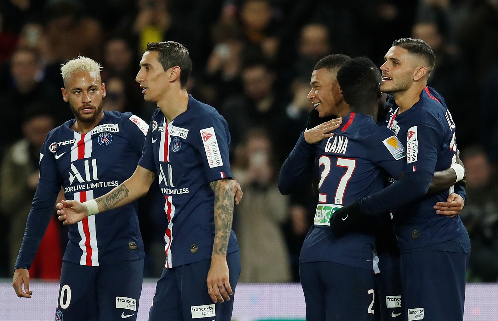 Paris St Germain's Mauro Icardi celebrates scoring their fifth goal with Kylian Mbappe, Angel Di Maria, Neymar and teammates at the Parc des Princes stadium in Paris January 8, 2020. u00e2u20acu201d Reuters pic