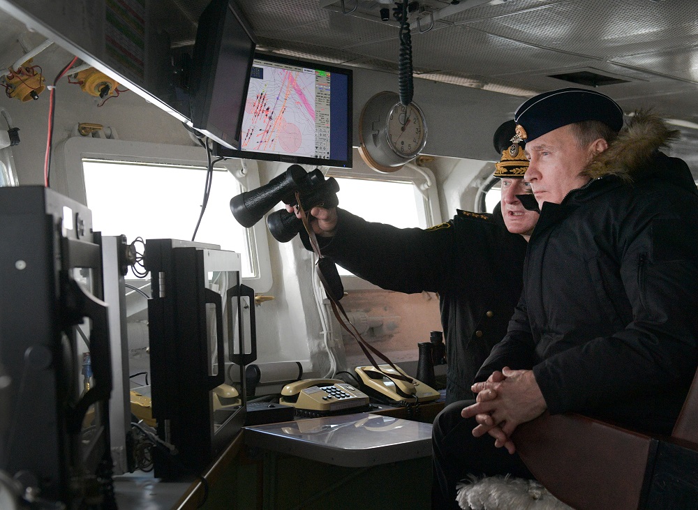 Russian President Vladimir Putin and Commander-in-Chief of the Russian Navy Nikolai Yevmenov attend the joint drills of the Northern and Black sea fleets off the coast of Crimea January 9, 2020. u00e2u20acu201d Picture by Sputnik/Alexei Druzhinin/Kremlin via Reuters