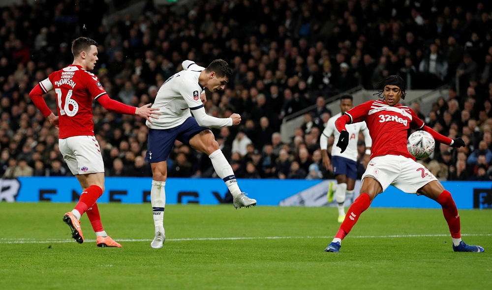 Tottenham Hotspur's Erik Lamela shoots at goal during the match against Middlebrough at the Tottenham Hotspur Stadium in London January 14, 2020. u00e2u20acu201d Action Images via Reuters