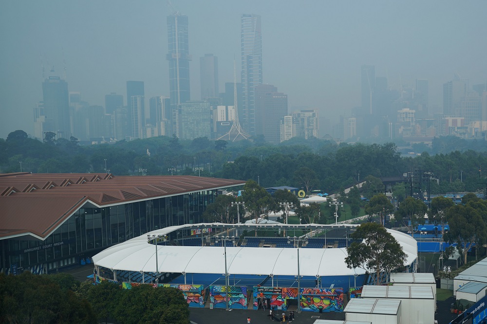 A general view is seen of smoke haze from bushfires at Melbourne Park, venue of the Australian Open practice sessions, in Melbourne January 15, 2020. u00e2u20acu201d AAP Image/Michael Dodge/via Reuters