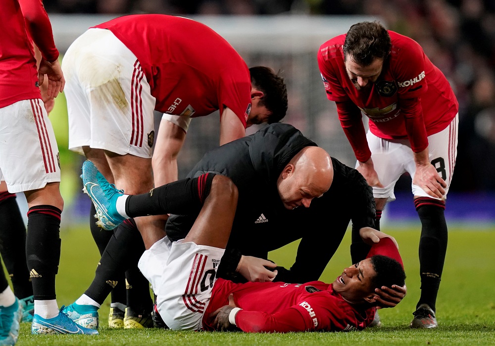 Manchester United's Marcus Rashford receives medical attention after sustaining an injury during the match against Wolverhampton Wanderers at the Old Trafford in Manchester January 15, 2020. u00c2u00acu00e2u20acu201d Reuters pic