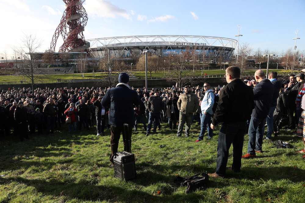 West Ham United fans during a protest outside the stadium before the Premier League match with Everton at London Stadium in London January 18, 2020. u00e2u20acu201d Reuters pic