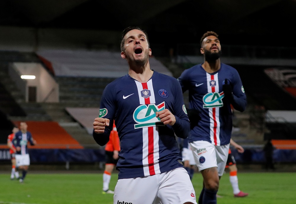 Paris St Germain's Pablo Sarabia celebrates scoring their first goal against FC Lorient at the Stade Yves Allainmat in Lorient, France January 19, 2020. u00e2u20acu201d Reuters pic