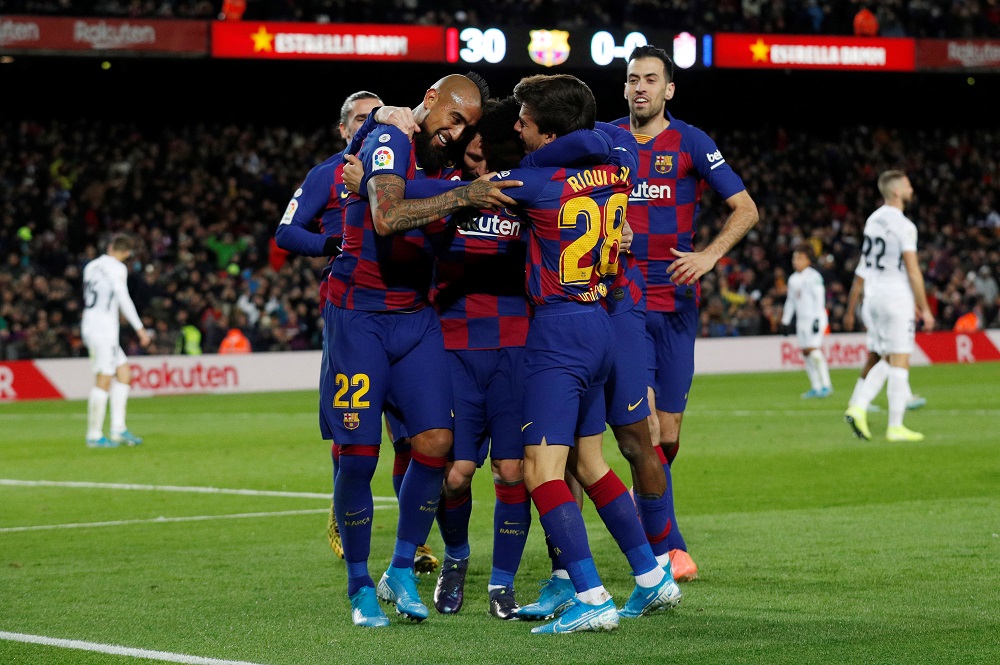 Barcelona's Lionel Messi celebrates scoring their first goal with teammates at the Camp Nou Stadium in Barcelona January 19, 2020. u00e2u20acu201d Reuters pic