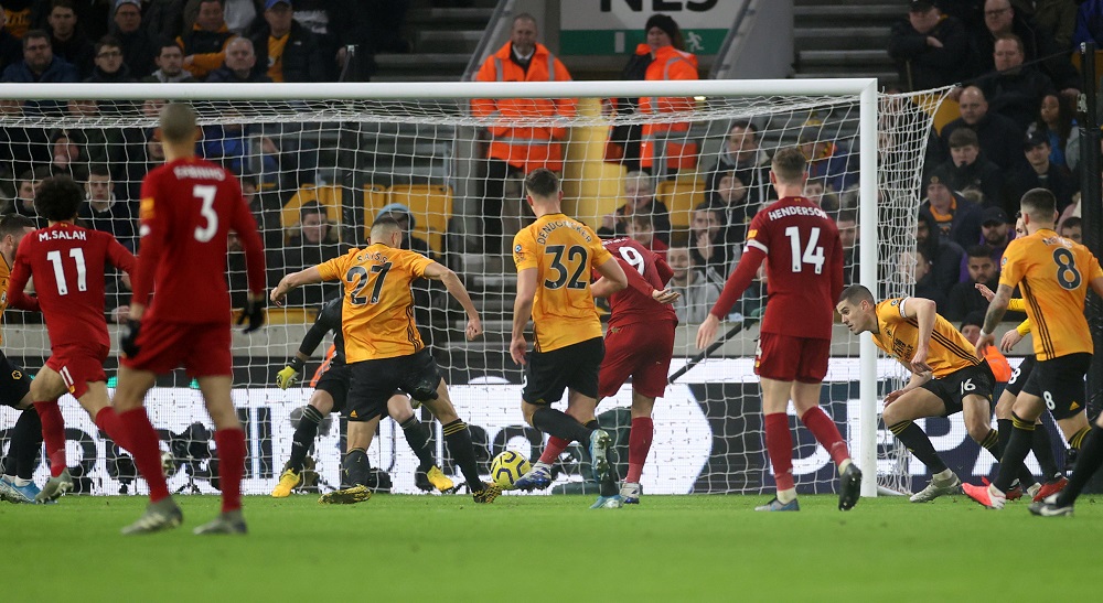 Liverpool's Roberto Firmino scores their second goal against Wolverhampton Wanderers at the Molineux Stadium in Wolverhampton January 23, 2020. -- Action Images via Reuters