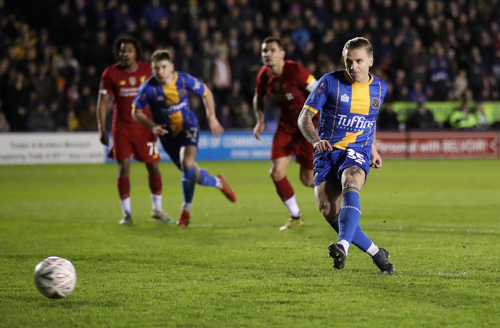 Shrewsbury Town's Jason Cummings scores their first goal from the penalty spot during the FA Cup Fourth Round match against Liverpool January 26, 2020. u00e2u20acu201d Action Images via Reuters