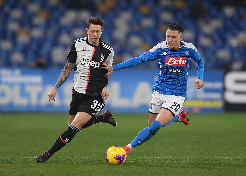 Juventus' Federico Bernardeschi in action with Napoli's Piotr Zielinski during the Serie A match at Stadio San Paolo in Naples January 26, 2020. u00e2u20acu201d Reuters pic