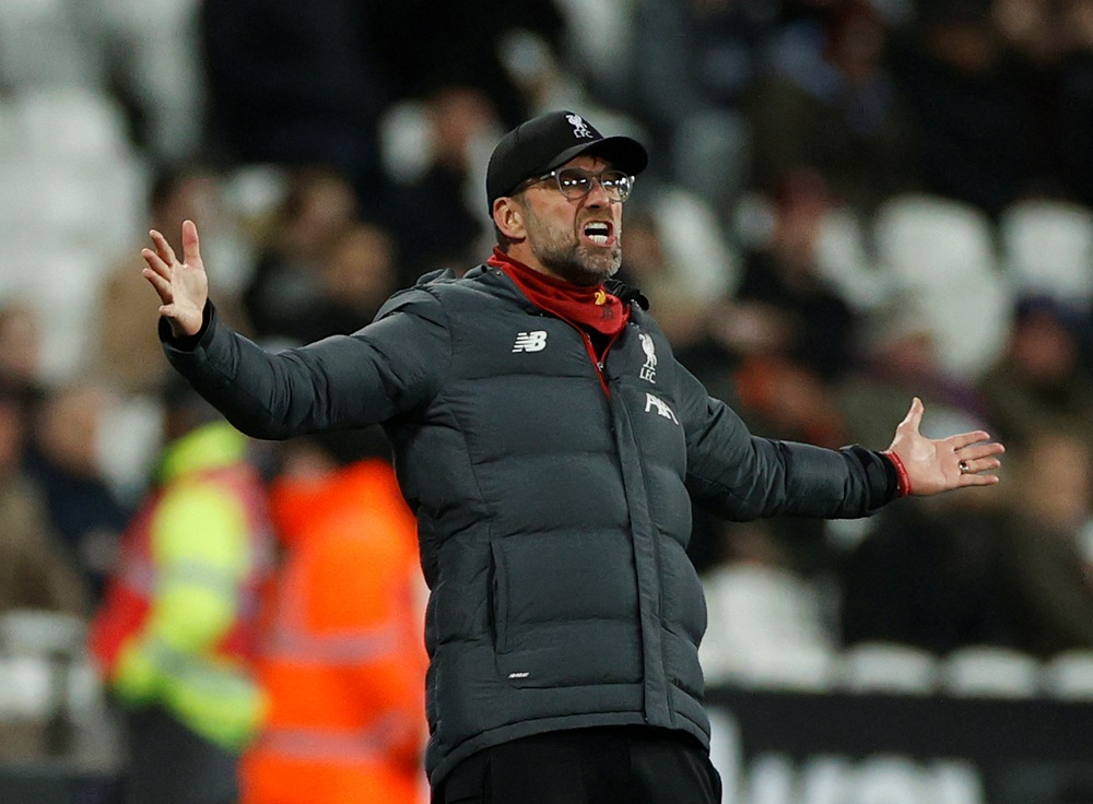 Liverpool manager Juergen Klopp reacts during the match against West Ham United at the London Stadium in London January 29, 2020. u00e2u20acu201d Action Images via Reuters