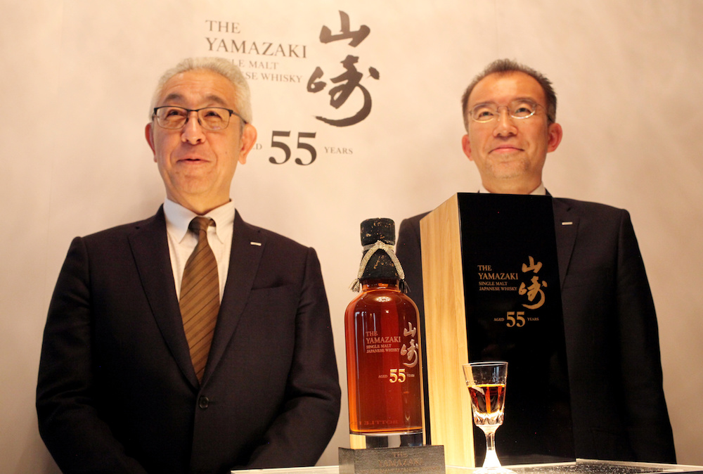 Suntory chief blender Shinji Fukuyo and head of Suntoryu00e2u20acu2122s whisky business Kengo Torii stand behind the bottle of a 55-year-old Yamazaki at its unveiling in Tokyo January 30, 2020. u00e2u20acu201d Reuters pic